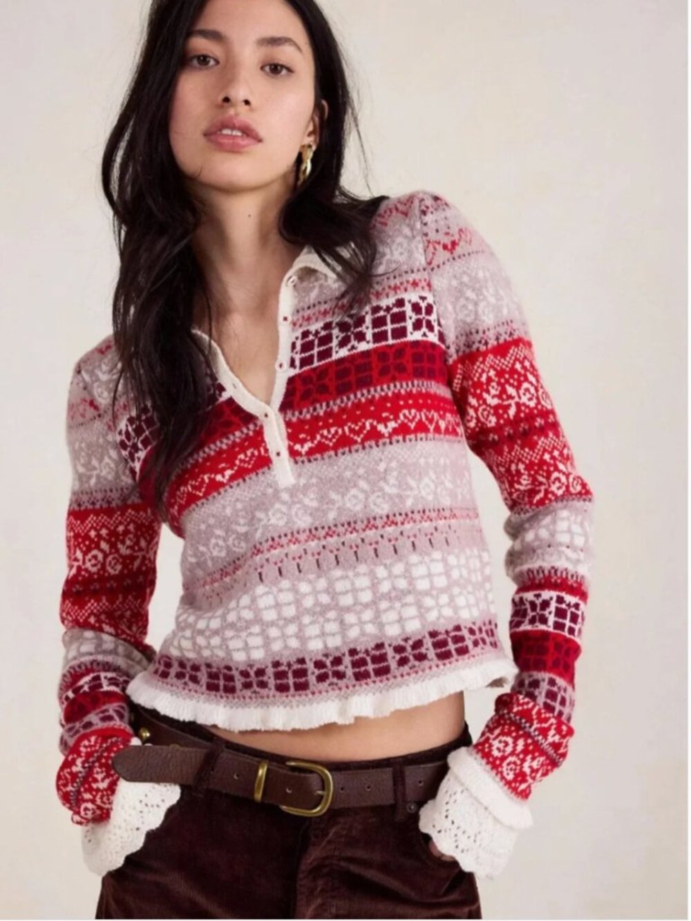 Free People Fair Isle Ruffle Henley Sweater | Nordic Knit | NWT | XS | $168